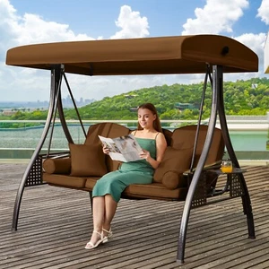 3 in 1 Outdoor Porch Swing with Adjustable Canopy, 3 Seat Outdoor Swing - Picture 1 of 8