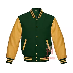 Giacche maniche in vera pelle oro Varsity Letterman baseball lana forestale - Foto 1 di 6