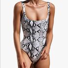 White and black snake print one piece swimsuit cheeky bottom and scoop neck