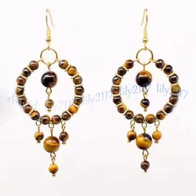 Pendientes colgantes envolventes de alambre aro cuentas redondas de piedras preciosas ojo de tigre amarillo natural Foto 1 de 4