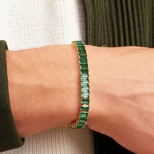 15CTEmerald Created Emerald Diamond Men's Tennis Bracelet 14K Yellow Gold Plated - Picture 1 of 3