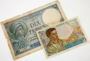 Lot of 2 World War France Notes (1916 10 Francs VG+, 1943 5 Francs VF) Nice Lot! - Picture 1 of 3