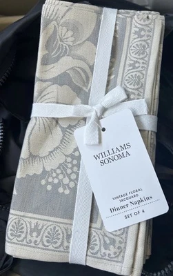 Nuovi tovaglioli jacquard floreali Williams Sonoma vintage, S/4 grigio grigio nuovi con etichette - Immagine 1 di 3