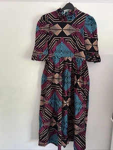 Kemi Telford Midi Dress Black Pink Blue Geo Abstract 100% Cotton, Belt Sz S 8 10 - Picture 1 of 12