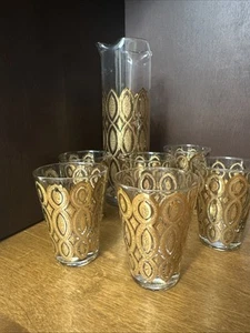 6 Whiskey Glasses 4 oz & Decanter 22K Gold Moroccan Style Vintage MCM- Barware - Picture 1 of 11