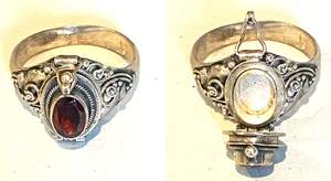 Vintage Sterling Silver GARNET Poison Pill Box Locket Ornate Ring-Opens-Sz 7 1/4 - Picture 1 of 9