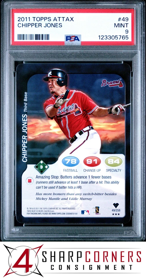 2011 TOPPS ATTAX #49 CHIPPER JONES BRAVES HOF POP 3 PSA 9 - Image 1 of 3