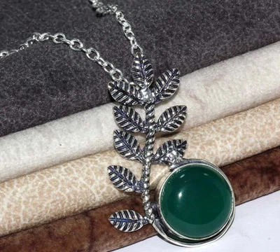 925 Silver Plated Leaves Green Onyx Round Necklace Jewelry Size 17" AU b657 - Image 1 of 3