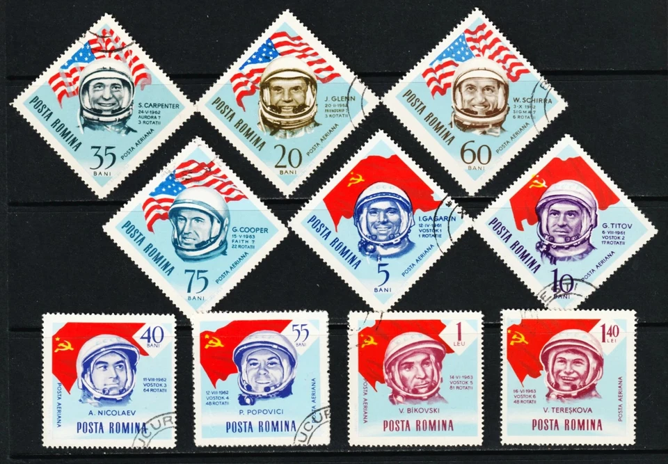 Space 10 Astronauts Postage Stamps USA and USSR Soviet Flags Space Exploration - Image 1 of 1