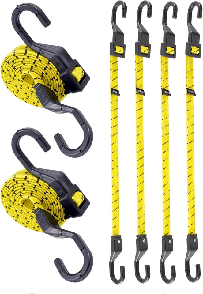 LUCKYSTRAPS 6 Pcs 48 Inch Flat Adjustable Bungee Cords with Hooks 3X Faster to Adjust the L