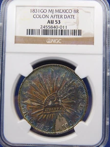 1831 Go MJ 8 REALES MEXICO NGC AU53 GUANAJATO STUNNING NATURAL RAINBOW TONING - Picture 1 of 4