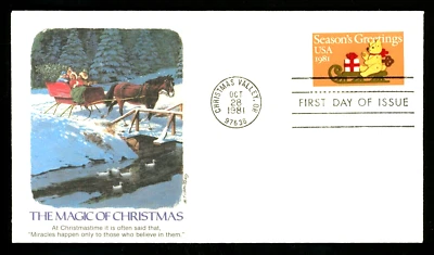 CHRISTMAS 1981 THE MAGIC OF CHRISTMAS TEDDY BEAR SLEIGH FLEETWOOD CACHET FDC UNA - Image 1 of 2
