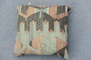 Antique Rustic Turkish Anatolian Kilim Pillow Hand Woven Wool 14" x 15" - Picture 1 of 2