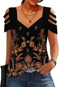 Womens Black Cold Shoulder Top Casual Loose Short Sleeve T Shirt SZ XXL - Picture 1 of 4