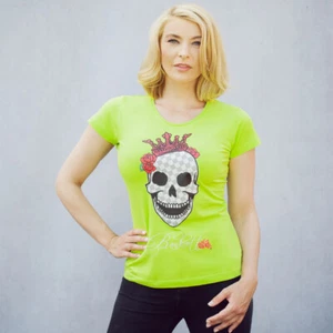BANKROTT Design Damen T-Shirt SUMMER - Totenkopf kariert - weiss/grau auf grün - Picture 1 of 15
