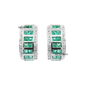 Precious Square Cut Emerald & Diamond Earring 925 Solid Sterling Silver Jewelry - Picture 1 of 6