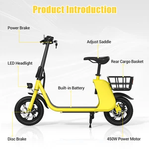 450W Foldable Electric Scooter with Seat Moped E-Scooter Urban Commuter w/Basket - Picture 1 of 28