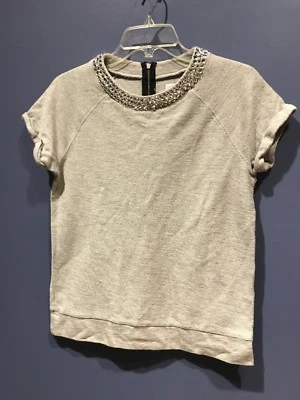 Small Short Sleeve Sweatshirt, Vintage 1960’s Talon Zipper Gray Hand Beaded - Image 1 of 4