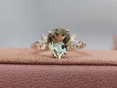 Anillo de piedras preciosas de amatista verde, anillo de compromiso en forma de pera, anillo de boda de plata 925 Foto 1 de 4