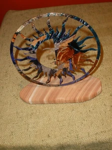 Cut Out Metal Enamel Sun w/ Face on Stone Base ? Sandstone ? EXC - Bild 1 von 6