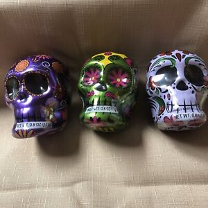 Set Of 3 SKULLS Day of the Dead Metal Tin w/ SMARTIES Candy .6oz/17g NEW