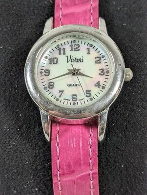 Vivani White Pearlized Dial Round Silver Tone Case Pink Faux Leather Band Watch - Image 1 of 4