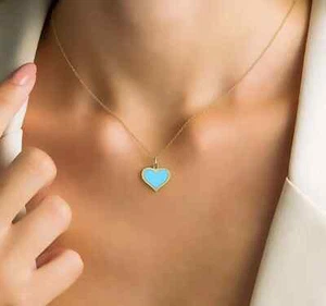 14K SOLID YELLOW GOLD TURQUOISE HEART NECKLACE - Picture 1 of 2