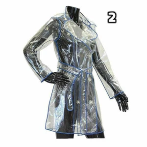 Raincoat Woman Transparent Fashion Small Festival PVC Coat Jacket Blue Trim - Picture 1 of 3