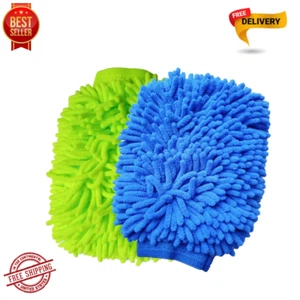 Microfiber Soft Car Wash Chenille Mitt - Hand Wash Gloves (Green/Blue) 2 Pack - Picture 1 of 14