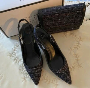 NUEVO WHBM Casa Blanca Mercado Negro Negro Azul Marino Tacones Tweed Talla 9.5M y Bolso de Mano Nuevo con Etiquetas - Imagen 1 de 12