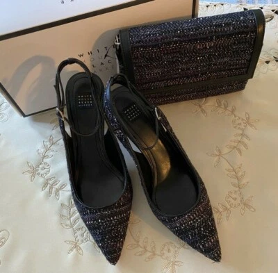 NEW WHBM White House Black Market Black Navy Tweed Heels SZ 9.5M  & Handbag NWT - Image 1 of 4