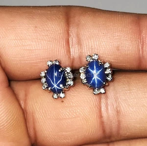 Attractive Lindy Star Sapphire And CZ Diamond 925 Sterling Silver Stud Earring - Picture 1 of 9