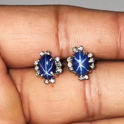 Attractive Lindy Star Sapphire And CZ Diamond 925 Sterling Silver Stud Earring - Image 1 of 4