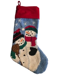 Vintage Christmas Stocking Hook & Loop Snowmen Snowman Wool Red Velvet 19x7” - Picture 1 of 7
