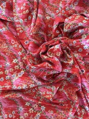 Pure Silk Fabric  Red  and pink Floral  - image 1 of 4