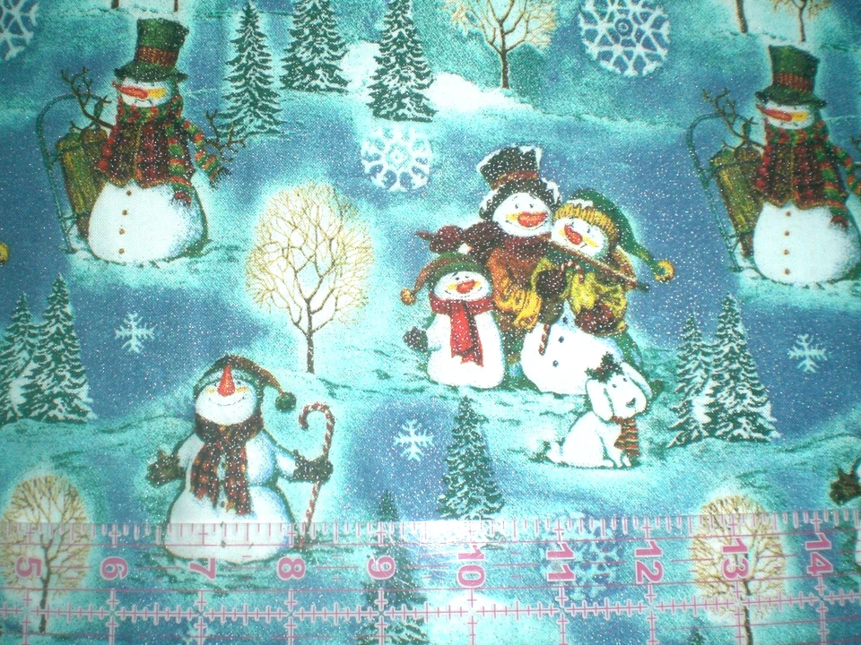 Muñecos de nieve y árboles de 1 1/4 YD en tela con estampado azul Foto 1 de 1