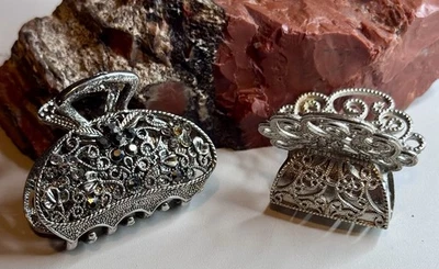 Две свадебные заколки-когти для волос филигранные стразы марказит серебристый вид - Изображение 1 из 4