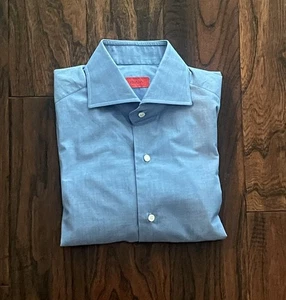 $795 NWT Isaia Blue Solid 100% Cotton Spread Collar Dress Shirt Size 15.5/39 - Picture 1 of 2