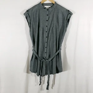 WD-NY Women's Top Size L Blue Black Denim Color Button Up Tie Waist - Picture 1 of 11