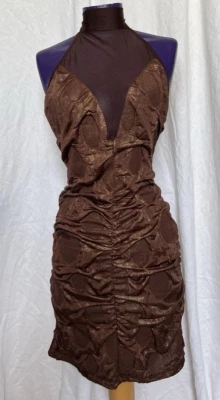 VTG Monamel Slinky Halter Dress Gold & Brown Abstract Glam 90s Baddie Clubwear - Image 1 of 4