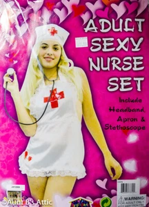 Nurse Costume Kit Wht Poly Satin Sexy Bib Apron Headpiece & Plastic Stethoscope - Picture 1 of 2