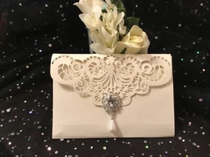 WEDDING INVITATION IVORY LINEN FOLD OVER POCKET 4 CARD VINTAGE LASER CUT - Picture 1 of 4