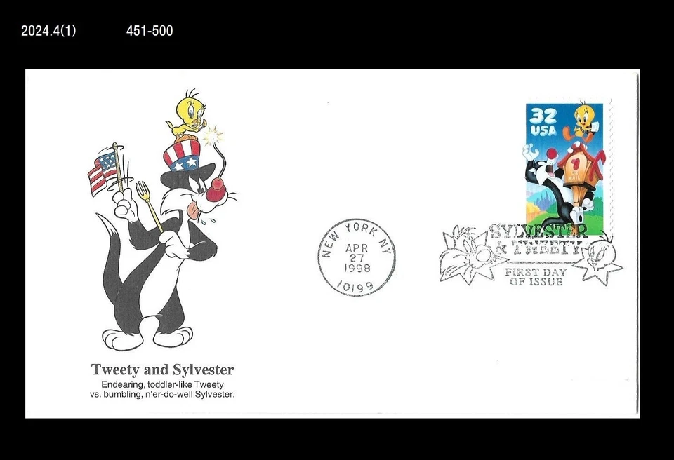 Animación, personaje, gato, pájaro, piolín y Silvestre, FDC 1998 EE. UU., portada Foto 1 de 1