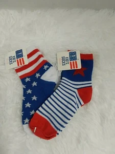 Lot X2 Patriotic Kids Ankle Socks Red, White & Blue W/Stars & Stripes Size 7-8.5 - Picture 1 of 5