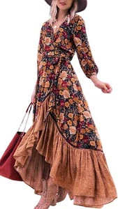 Women's Vintage V Neck Floral Print Ruffle Hi-Low A-Line Swing Maxi Long DressXS - Picture 1 of 7