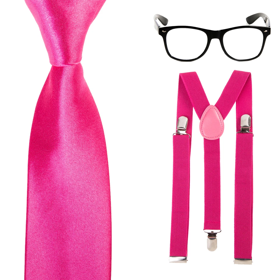 Geek Nerd Tie Fancy Dress Costume - Glasses + Slim Neck Tie + Braces - Hot Pink - Image 1 of 1