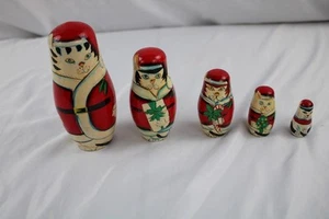 5.5"VINTAGE CHRISTMAS SANTA CAT NESTING DOLLS,WOODEN,HAND PAINTED,RUSSIAN,5 DOLL - Bild 1 von 7