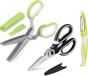 5-Blade Herb Scissors with Kitchen Shears & Peeler, Stainless Green and Black - Picture 1 of 7