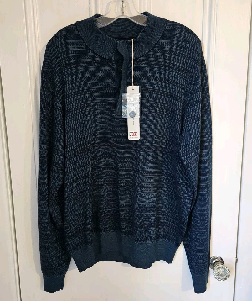 NWT Cutter &Buck Sweater Mens Large Mock Neck Pullover Blue Jacquard Merino Wool - Image 1 of 4