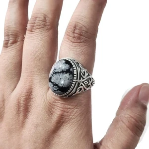 NATURAL SNOWFLAKE OBSIDIAN JASPER BIRTH 925 SOLID SILVER HUGE ARABIC DESIGN RING - Picture 1 of 9